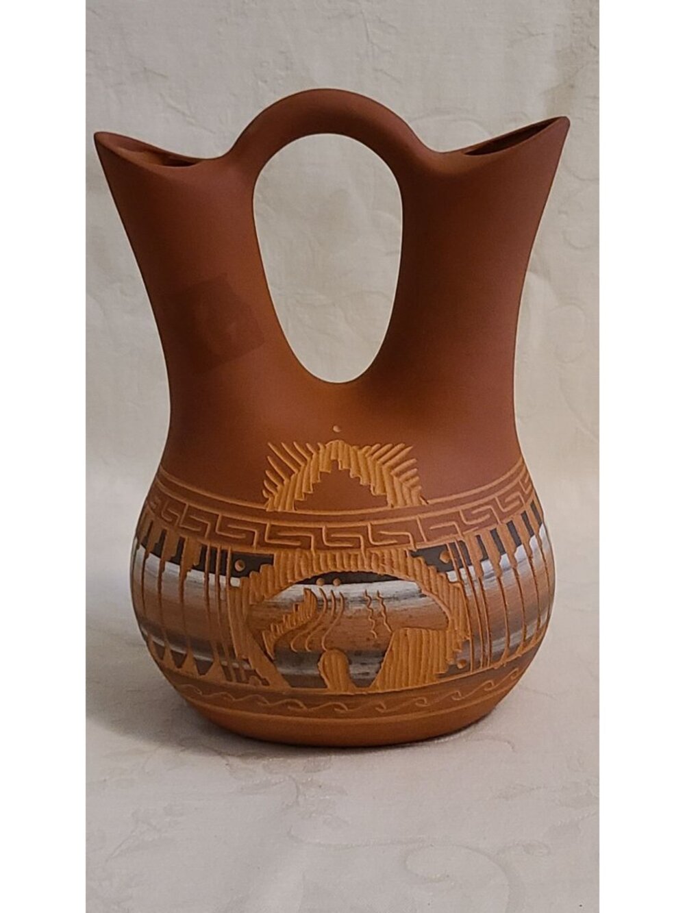 Navajo Wedding Vase Signed Ernie Watchman Etched Couple Pottery